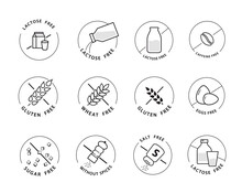 Lactose Free, Gluten, Wheat, Sugar And Salt Free Icons. A Set Of Icons Ready To Use In Your Design. Vector Icons Can Be Used On Different Backgrounds. EPS10.	