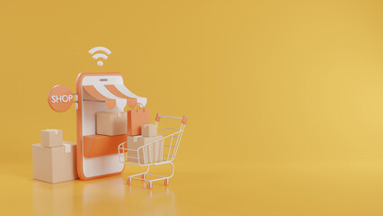 Smartphone shop with shopping cart and boxes on orange background. Shopping online concept. 3d illustration.