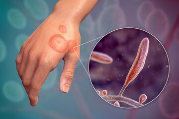 Wall Mural - Fungal infection on a man's hand. Tinea manuum and close-up view of dermatophyte fungi, 3D illustration