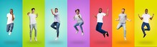 Joyful Young Men Jumping Up On Colorful Backgrounds, Collage