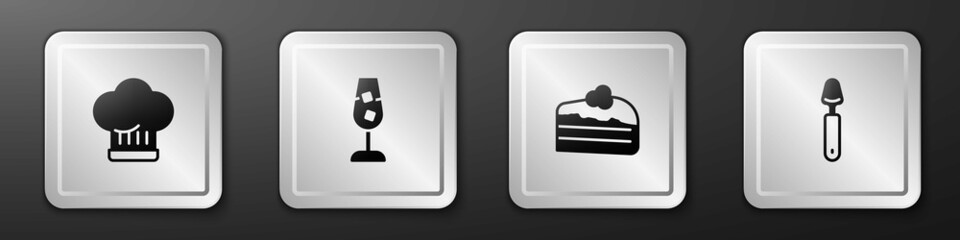 Sticker - Set Chef hat, Wine glass, Piece of cake and Spoon icon. Silver square button. Vector