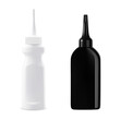 Dye hair bottle set. Hair color product packaging. Salon coloring cosmetic container isolated on white background. Realistic hair dyeing treatment collection, dropper vial, plastic pack