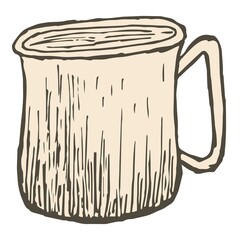 Wall Mural - Rough hatching vintage drawing of an aluminum mug with a drink. Simple flat brown freehand vector doodle isolated on transparent background