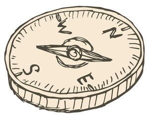 Wall Mural - Rough hatching vintage drawing of the compass. Simple flat brown freehand vector doodle isolated on transparent background