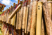 PINGXI, TAIWAN - APRIL 30, 2017: Bamboo Tube For Wishing At Pingxi Old Street. Visitors Write Their Wishes On Bamboos Then Pray And Hang Them Together.
