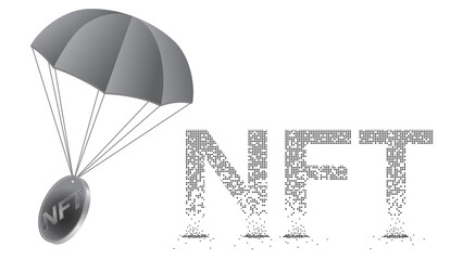 Canvas Print - Fragmented text NFT non fungible token and parachute with NFT coin in gray colors isolated on white background. Design element for baners and websites.