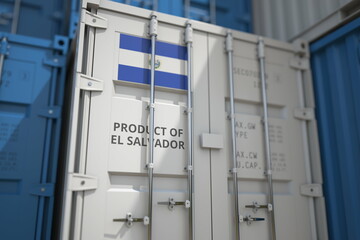 shipping container with goods from el salvador and printed national flag. production related 3d rend