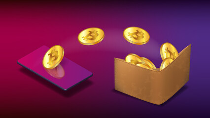 Wall Mural - Bitcoin golden coins fly from isometric cellphone into leather wallet on purple background. Concept of transferring BTC cryptocurrency to wallet using phone. Banner for news.