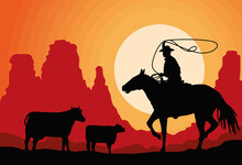 Cowboy With Cows Silhouette