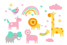  Have A Good Day Set With Cute Animals, Clouds, Sun, Rainbow And Hearts In Cartoon Style EPS
