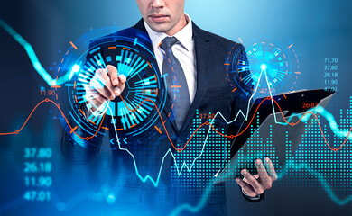 Poster - Businessman in formal wear is touching digital interface with di