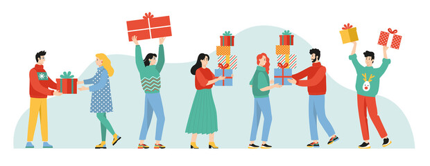 Set of cartoon characters receiving and giving gifts and preparing to celebrate holidays. Happy fun people with Santa's presents isolated on background. Vector colored illustration in flat style. 