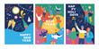 © Anna Sm - Set of posters with happy young fashion-dressed people celebrating the New Year.  Flat cartoon colorful vector illustration. Templates for card, banner or flyer.
