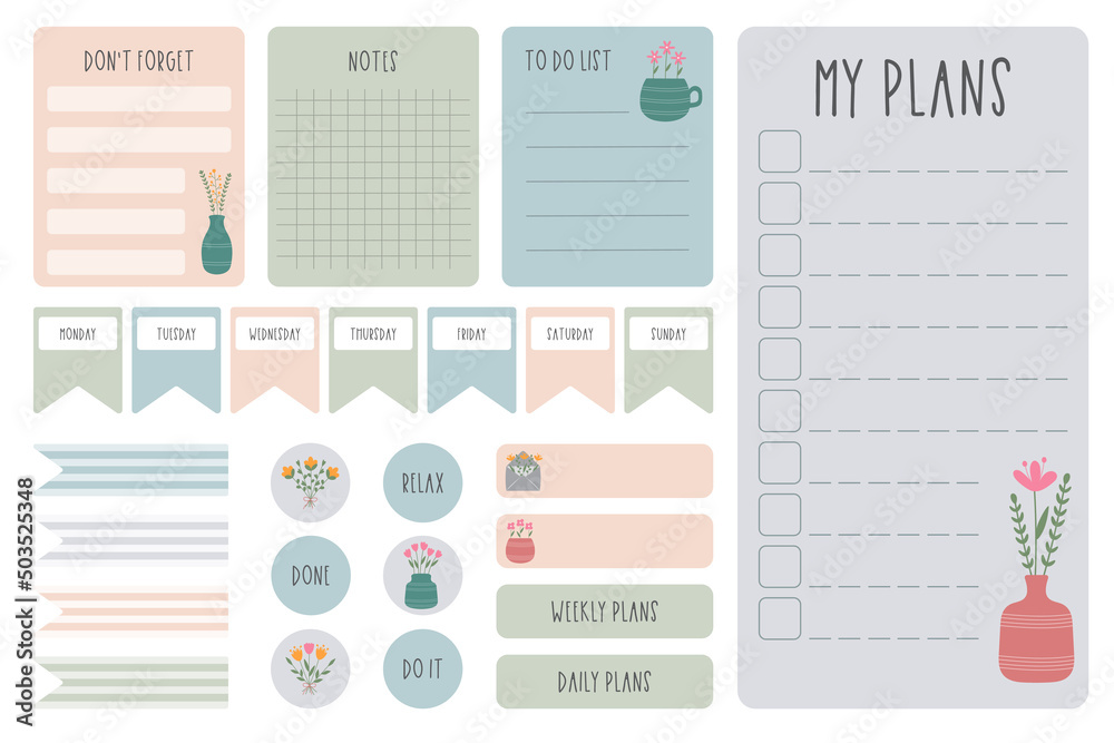 Cute weekly planner, to do list and notes template. Note paper and ...