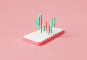 Stock and forex trading on smartphone screen on pink background. Stock market chart.Bitcoin cryptocurrency.Growing financial index. online trading.Finance investment apps.3d icon render illustration