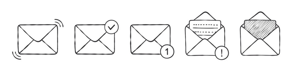 Mail envelope icon set. Email message icons. Letter envelopes. Hand-drawn envelopes. Vector icons