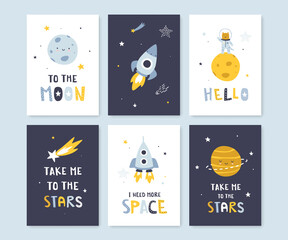 Wall Mural - cute scandinavian cosmic posters bundle. collection of space prints with lettering for nursery. wall
