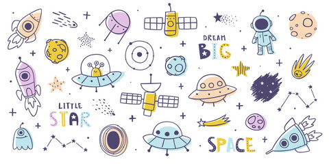 Wall Mural - space doodles bundle. outline cosmic doodle collection. set of cute outer space cartoon prints and l