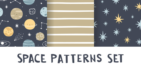 Wall Mural - set of scandinavian astronomy patterns with stars and planets. cute collection of space seamless pri