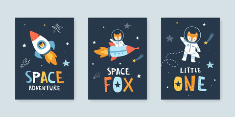 Wall Mural - set of posters with little fox astronaut in the space. cute collection of cosmic vector prints with 