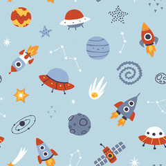 Wall Mural - scandinavian pattern with space adventure. cute cosmic vector seamless print for kids and nursery wa
