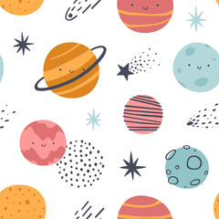 Wall Mural - cute scandinavian pattern with smiling planets of solar system. space vector seamless print for kids