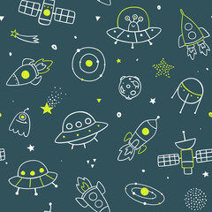 Wall Mural - outline doodle cosmic pattern with spaceships. space vector seamless print for baby textile.
