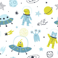 Wall Mural - scandinavian space pattern with animal cosmonauts and aliens. cute cosmic vector seamless print for 