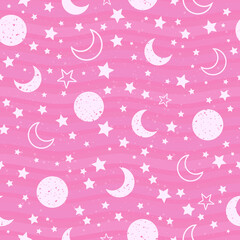 Wall Mural - pink bright cute pattern with moon and stars