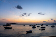 Beautiful Shot Of A Seascape Full Of Many Boats In The Sunset.