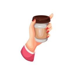 Wall Mural - Female hand with paper cup of coffee. Takeaway drinks, coffee to go vector illustration.