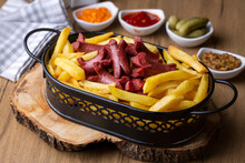 French Fries And Sausage Fries Platter (Turkish Name; Patates Ve Sosis Kizartmasi)