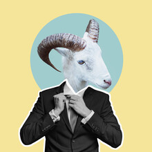Portrait Of A Business Man With An Animal Face On A Yellow Blue Background. Smart Serious Goat. Collage In Magazine Style. Human Characters Through Animals. Modern Collage, Art, Creative Idea