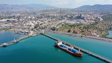 Aerial drone photo of industrial oil refinery of Aspropirgos, Attica, Greece