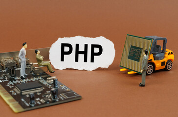 Poster - On a brown background, a loader, a processor, a microcircuit, figures of people and paper with the inscription - PHP