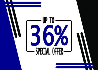 Up to 36% off banner. Discount offer in blue and black.