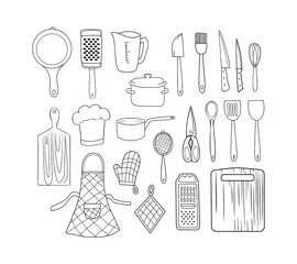 Wall Mural - Kitchen utensils set in doodle style. Hand drawn sketches of different cooking tools. Black and white vector objects.