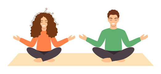 Young couple meditating together. Woman and man sitting with closed eyes on the mat in the lotus position. Vector illustration in flat style