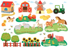 Animal, Background, Barn, Bird, Cartoon, Cat, Chicken, Cock, Countryside, Cow, Cute, Design, Dog, Domestic Animals, Drawing, Duck, Farm, Farming, Field, Flat, Fun, Garden, Graphic, Grass, Green, Happy