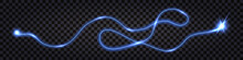 Blue Electric Swirl Wave, Lightning Thunder Bolt, Impulse Discharge With Shock Light Effect, Wire Cable Isolated. Shiny Blue Trail, Cyber Technology Design Element. Vector Illustration