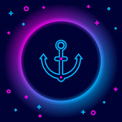 Sticker - Glowing neon line Anchor icon isolated on black background. Colorful outline concept. Vector