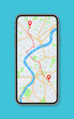 © grate_art - Phone with map and gps with location on screen. Mobile smartphone app with map of roads and pin with navigator of city. Vector. Application of street search and route navigation icons in town