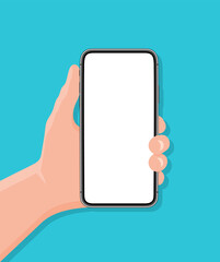 phone in hand, hand holds smartphone with blank white screen. flat mobile cellphone in hand illustra