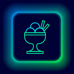 Sticker - Glowing neon line Ice cream in the bowl icon isolated on black background. Sweet symbol. Colorful outline concept. Vector