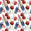 Lipstick seamless pattern. Opened red lipstick in black case. Pomade with Cherry fruits and flowers. Isolated clipart hand painted, fresh exotic food red for food label design.
