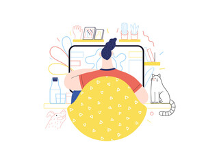 Wall Mural - Technology Memphis -Home Office, modern flat vector concept digital illustration home office metaphor, a freelancer guy working at home with pets and plants. Creative landing web page illustration