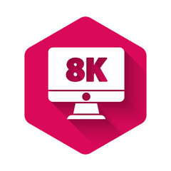 Poster - White Computer PC monitor display with 8k video technology icon isolated with long shadow. Pink hexagon button. Vector
