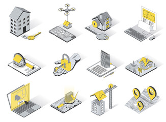 Poster - Real estate concept 3d isometric icons set. Pack elements of house, key, rent, sell, buy, blueprint, search, building, apartment, property and other. Vector illustration in modern isometry design