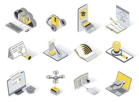 Online education concept 3d isometric icons set. Pack elements of ebook library, listening audio books, webinar, video lessons, exam test and other. Vector illustration in modern isometry design