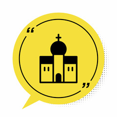 Poster - Black Church building icon isolated on white background. Christian Church. Religion of church. Yellow speech bubble symbol. Vector